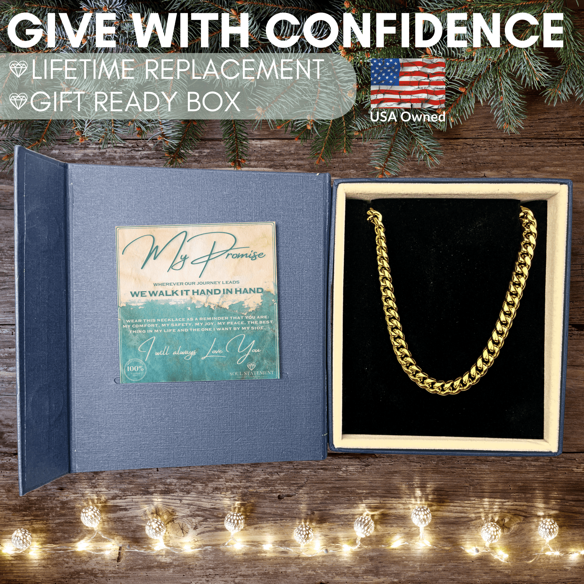 Soul Statement Cuban Chain Promise Necklace for Men - Durable Stainless Steel, Meaningful I Love You Card with Bible Verse, Anniversary for Husband, Boyfriend - Keepsake Gift Box (My Promise, Gold)