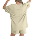 thumbnail image 5 of BRGZLK Women's Casual Summer 2 Piece Sets Solid Color Fashion Comfortable Round Neck Short Sleeve Tshirt and Pocket Shorts Matching Loose Homewear Set Beige M, 5 of 6
