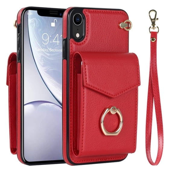 For iPhone XR Case Premium PU Leather Accordion Folding Wallet &Card Holder With RFID Shielding Material Phone Case ,with Adjustable Ring Holder And Wristband,red,For iPhone XR