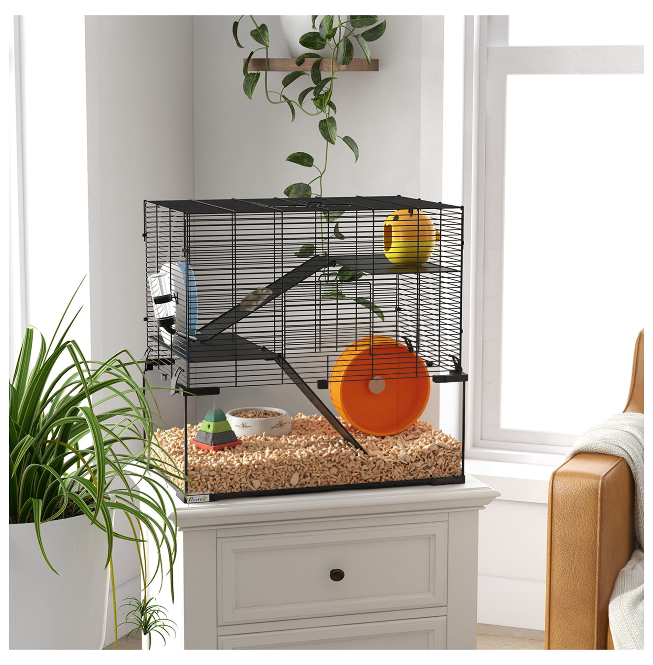 23.5" Hamster Cage, Gerbil Cage with Glass Basin, Multi-Level Small Animal Habitat for Syrian Hamsters, Rats & Gerbils - Black