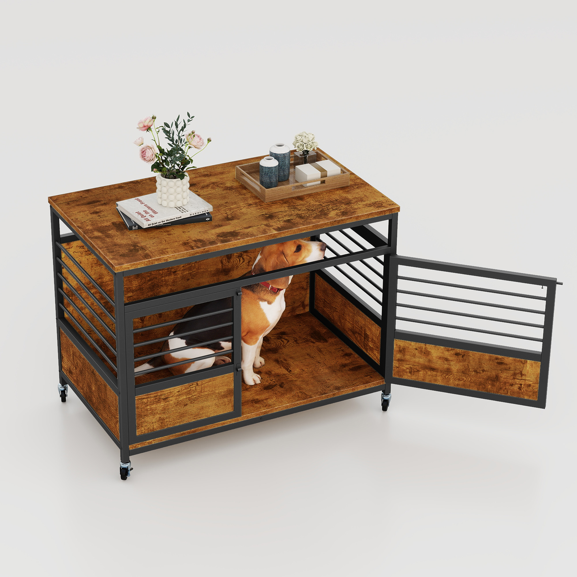 Uforic 2-in-1 Dog Crate Furniture with Wheels, 39.4" Wooden Dog Kennel,End Table, Rustic Brown