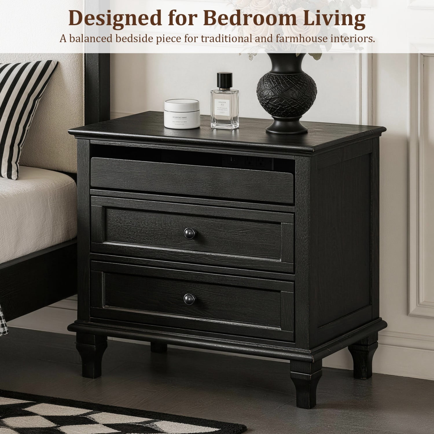 28" Wood Nightstand with Charging Station, Farmhouse Bedside Table with 3 Drawers, USB & Type-C Ports, Storage End Table for Bedroom Living Room Office, Black