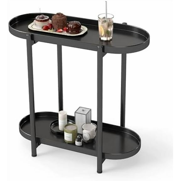 2-Tier Oval Side Table, Modern Black Metal End Table with Storage Shelf for Living Room or Bedroom$$Furniture