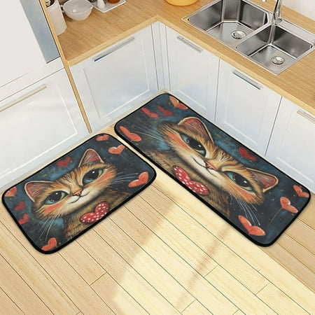 

Kitchen Floor Mat 2 Sets Carpet Floor Mat Kitchen Mat Bathroom Mat Living Room Mat Bedroom Mat Absorbent Delicate Fabric No Ball Valentine s Day Cartoon Cat