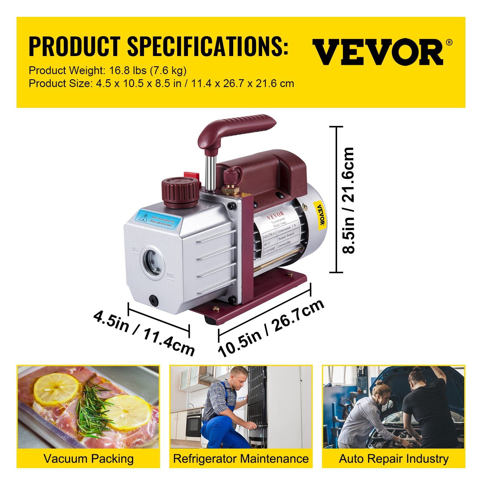 4.5CFM Single Stage Vacuum Pump, 1/3HP 5PA Rotary Vane Pump for HVAC Refrigerant Air Conditioning Repair