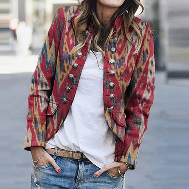 Chaqueta con botones florales retro con cuello vuelto informal para mujer, abrigo informal, prendas de vestir Fridja po1770
