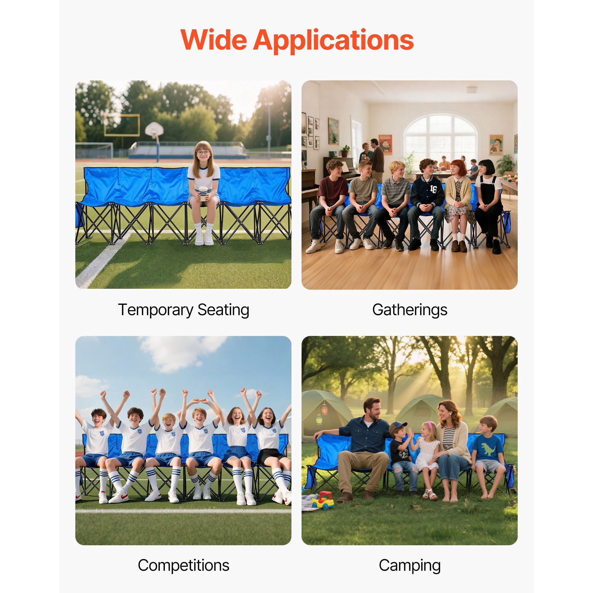 Portable Folding Bench, 6 Seat Foldable Soccer Bench with Side Pockets and Carrying Bag, Lightweight Sideline Seating with Back Rest for Football, Baseball, Camping, Outdoor Events, Blue