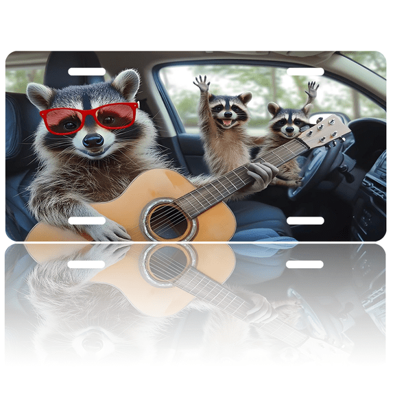 1 Pcs 2D Flat License Plate Covers & Frames, Raccoons in a Car For Decorative Front, Waterproof For Decoration Aluminum License Plate Covers & Frames Cover For Men Women, 12" X 6"