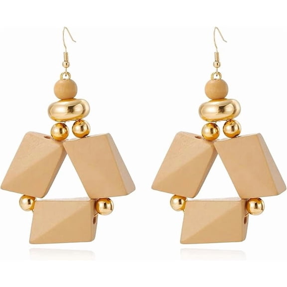 Coiris Wooden Dangle Earrings for Women Boho Irregularly Exaggerated Wooden Beaded Earrings