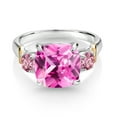 thumbnail image 2 of Gem Stone King 925 Silver and 10K Yellow Gold Pink Created Sapphire and Pink Lab Grown Diamond 3 Stone Ring for Women (5.30 Cttw, Gemstone Birthstone, Cushion 10MM, Round 4MM, Size 7), 2 of 3