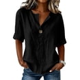 thumbnail image 6 of MAFYTYTPR Women's Notched V-Neck Button Detail Roll Cuff Short Sleeve Blouses Spring Summer Solid Color Loose Casual Tops for Everyday Wear 1PC S-XXL, 6 of 8