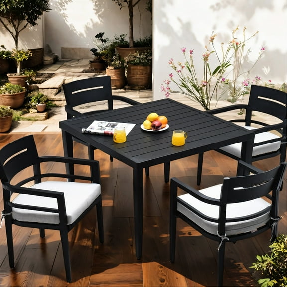 5 Modern Outdoor Dining Furniture, 40" Square Table & 4 Chairs With Fade Cushions, Ember Black Patio , Fabric,