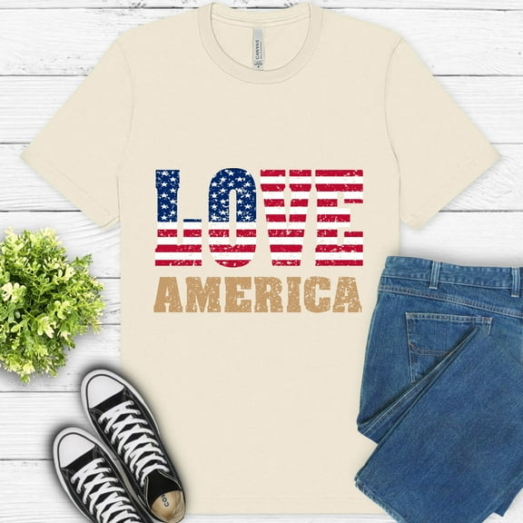 Love America T-Shirt | Patriotic USA Flag Graphic Tee for Men and Women, Natural, S