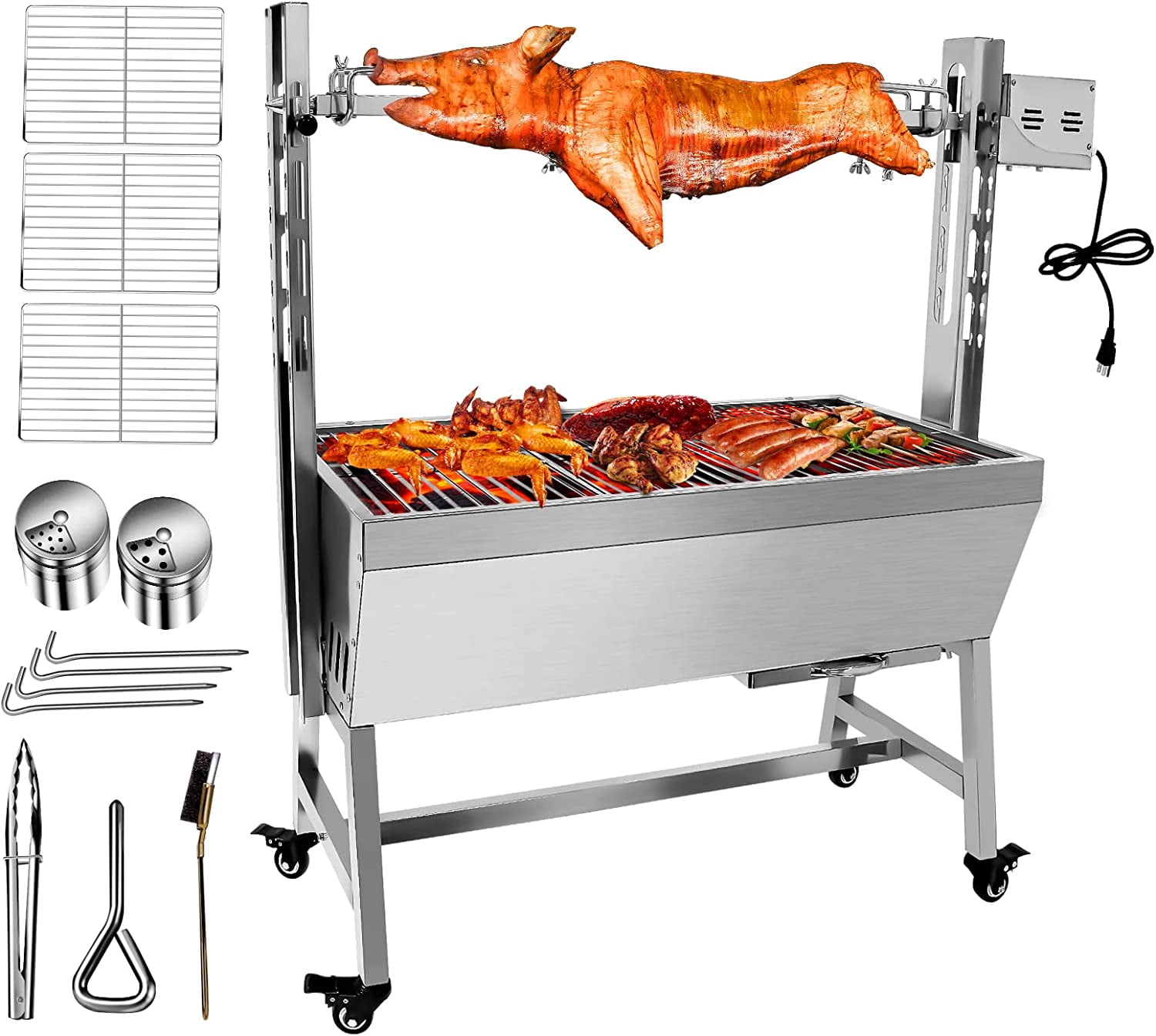 Stainless Steel Rotisserie Grill, 25W Motor Small Pig Lamb Rotisserie Roaster, 37 Inch BBQ Charcoal Rotisserie Roaster Grill for Camping Outdoor Kitchen (Without Baffle)