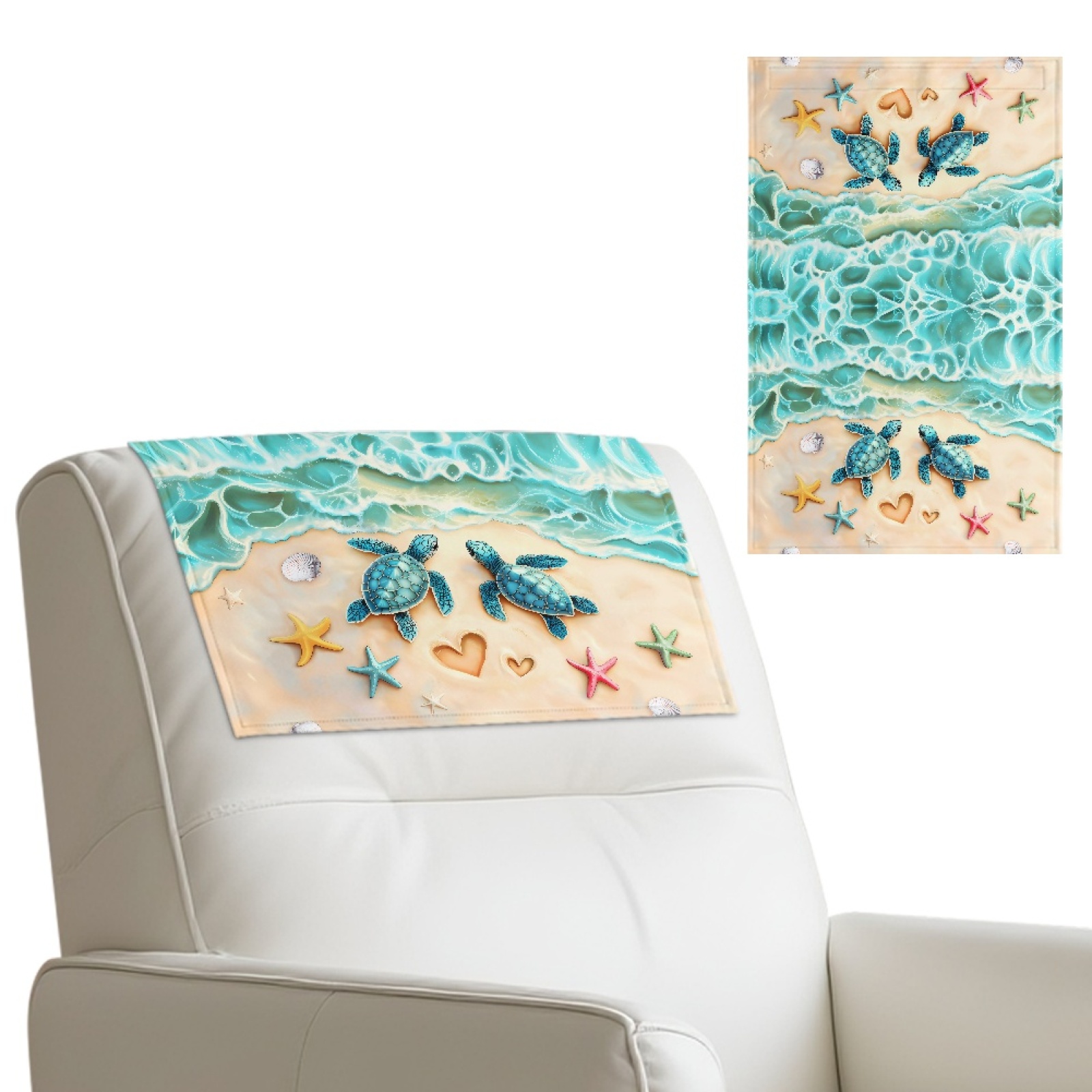 Xixirimido Beach Sea Turtle Starfish Pattern Headrest Cover for Recliner Chair Leather Sofa Headrest Cover Head Protector Furniture Protector for Recliner Sofa Slipcovers, 3Pcs
