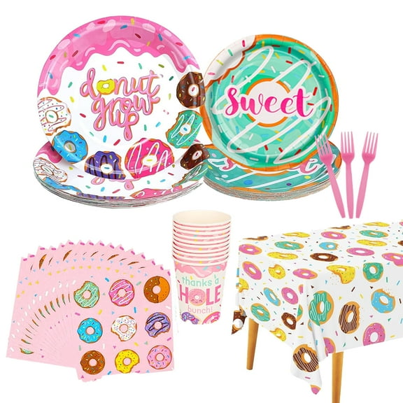 Donut Party Supplies Set, 122pcs Includes Paper Plates And Cups,Napkins,Donut Tablecloth for Girl Birthday, Baby Shower Decorations