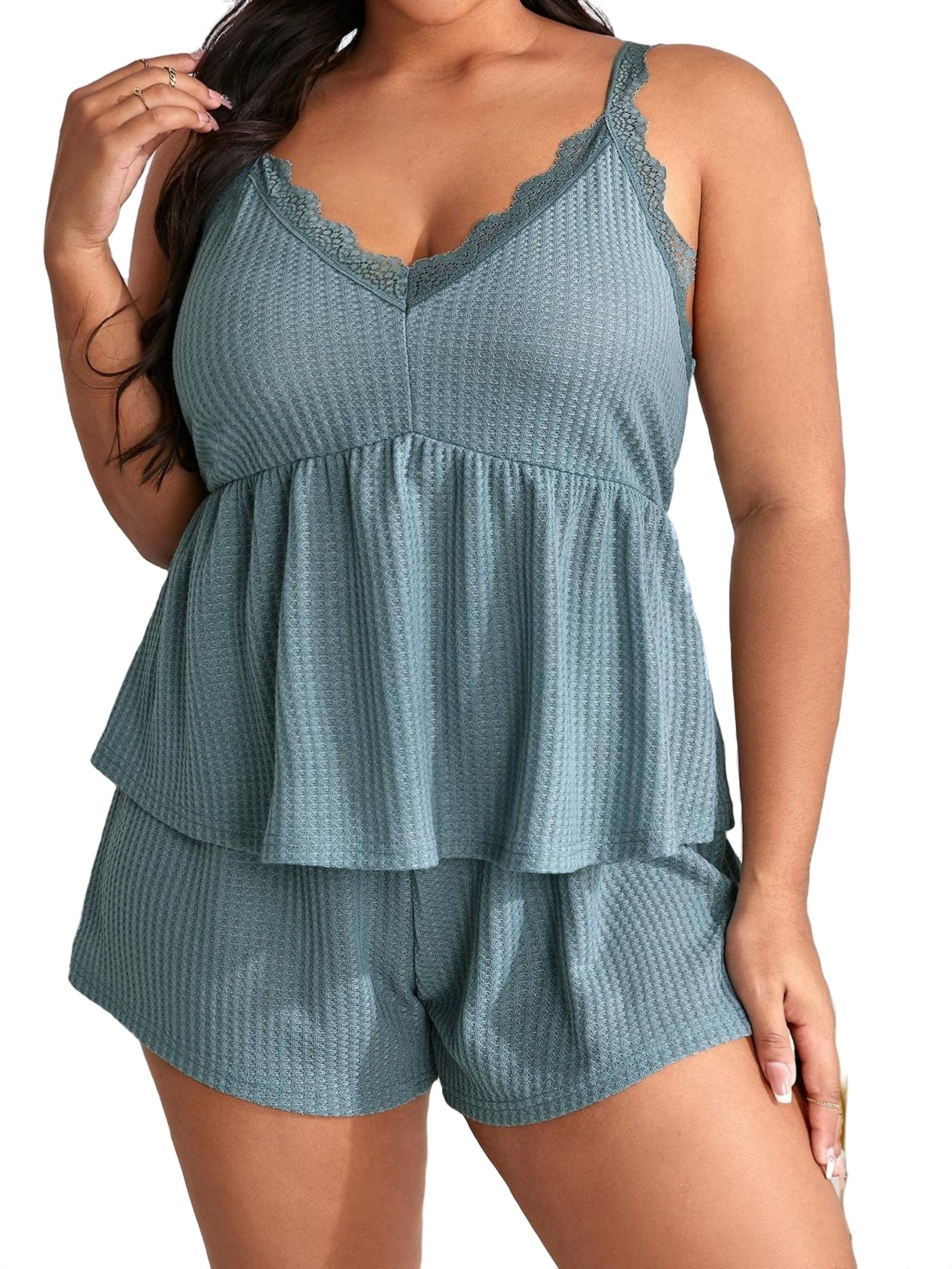 Plain Cami Top Short PJ Sets Sleeveless Cadet Blue Plus Size Pajama