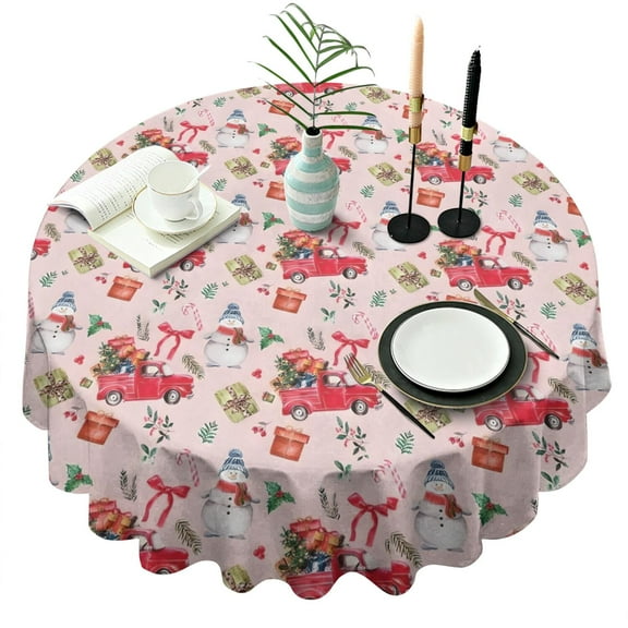 Pink Christmas Red Truck and Snowman Pattern Round Tablecloth 60"x60",Wrinkle Wipeable Table Cloth for Kitchen Dining Room Picnic Patio Party