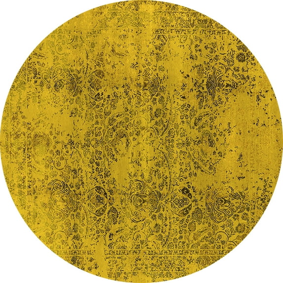 Ahgly Company Machine Washable Indoor Round Oriental Yellow Industrial Area Rugs, 4' Round