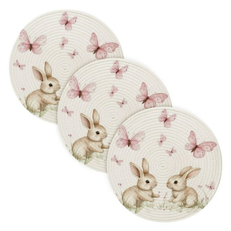 

WOBOGO Rabbits Playing with Pink Butterflies Coil Placemats 3pcs Resistant Hot Pads Mat for Table Counter Cooking Potholder 15in
