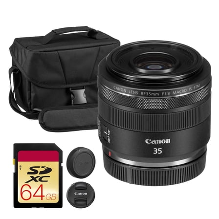 Canon RF 35mm f/1.8 Macro IS STM Lens – Compact Wide-Angle Prime with f/1.8 Aperture, Image Stabilization & 1:2 Macro Focus (2973C002)   Shoulder Bag   64GB Memory Card