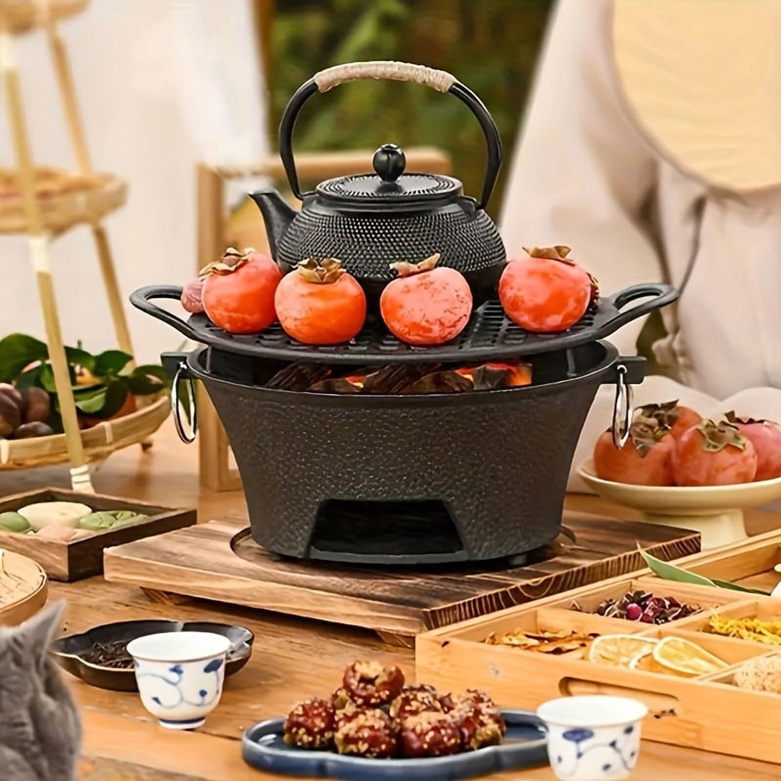 Cast Iron Charcoal Stove - Portable Outdoor Cooking & Heating for Camping, Picnics & BBQ - Durable Rectangular Design with Lid