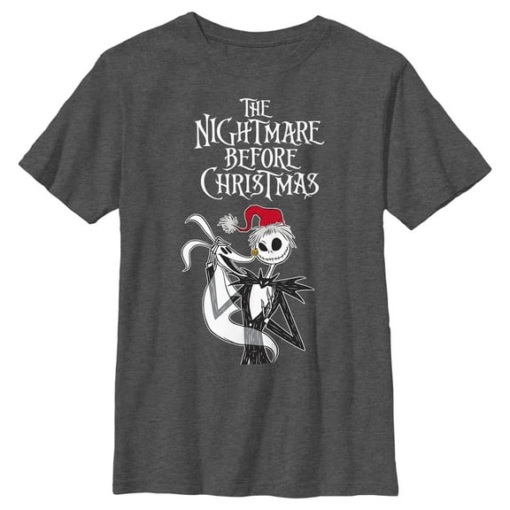Boy's The Nightmare Before Christmas Jack Skellington Santa Hat Logo Graphic Tee Charcoal Heather Small
