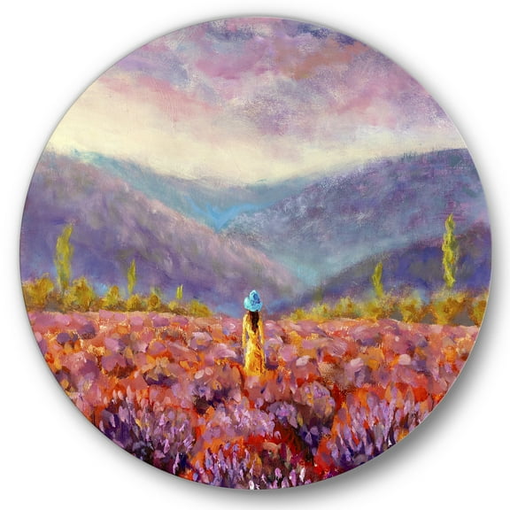 Designart 'Girl In Yellow Dress & Hat Walking Through Fields' Traditional Circle Metal Wall Art 36x36 - Disc of 36