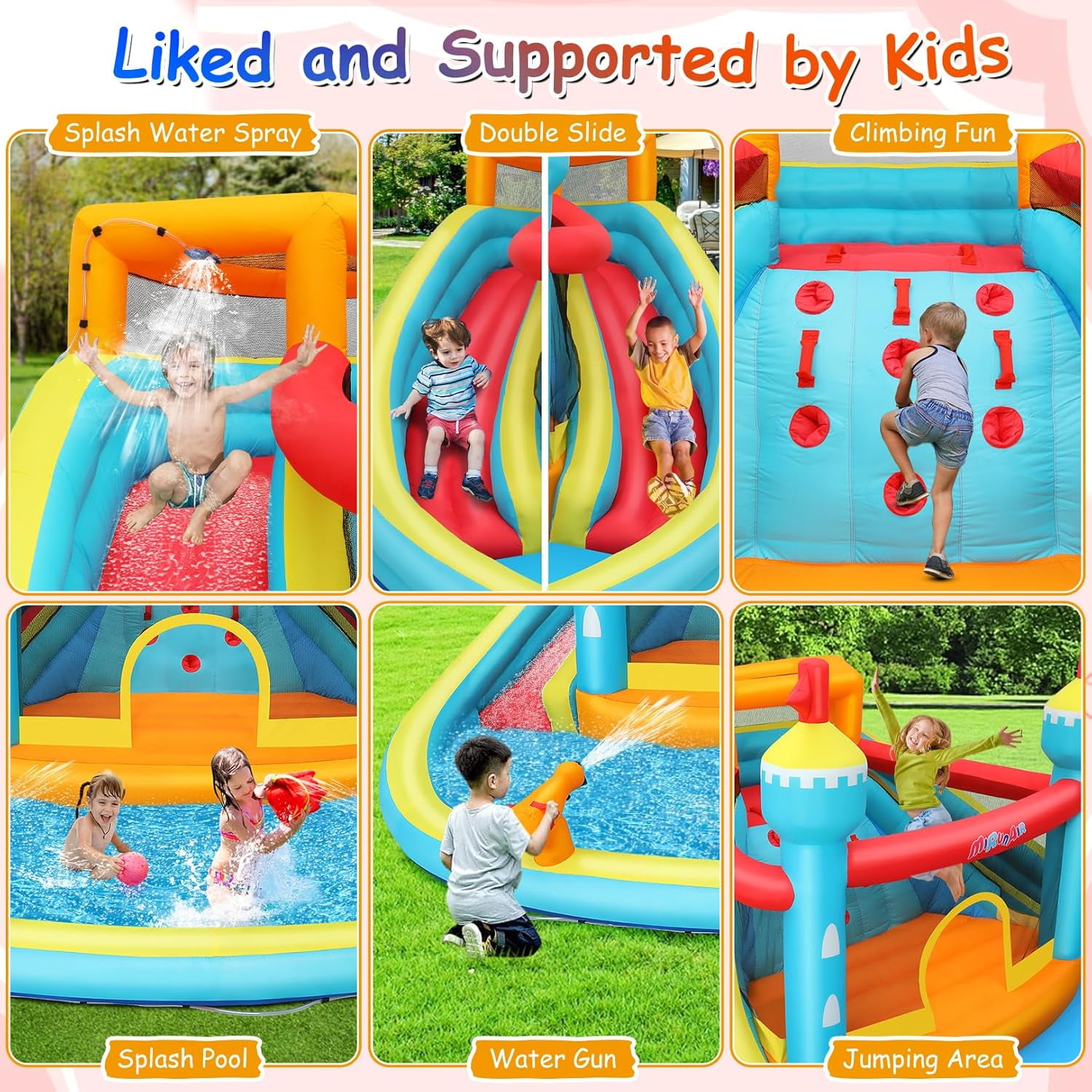 Adnoom 13.8FTx14.1FT Inflatable Pool Water Slide with Double Slides, Indoor Bounce House W/520W Blower,Jumpy House,climbing Wall&Water Cannon,Large Inflatable Water Park for Big Kids 3-10