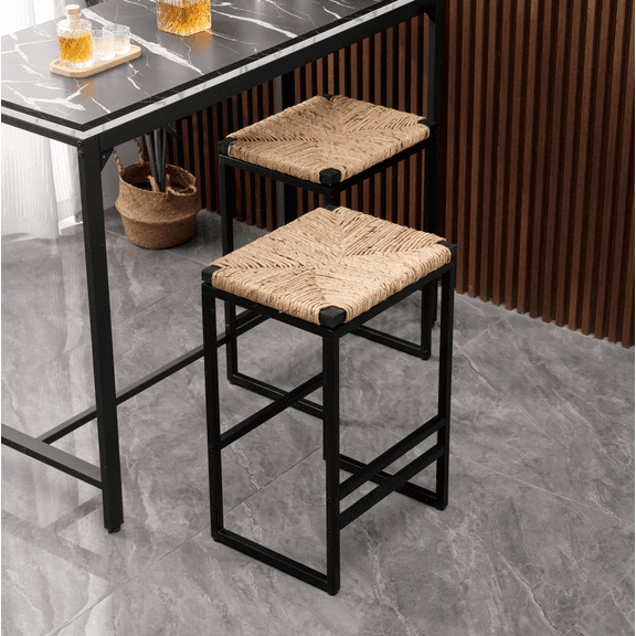 Water Hyacinth Bar Stools Set of 2 Backless Counter Stools with Footrest