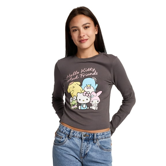 Hello Kitty & Friends Group Shot Women's Black Long Sleeve Baby Tee-Large