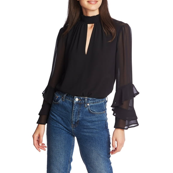 MSRP $89 Women's 1.state Keyhole Ruffle Sleeve Blouse, Size X-Small - Black