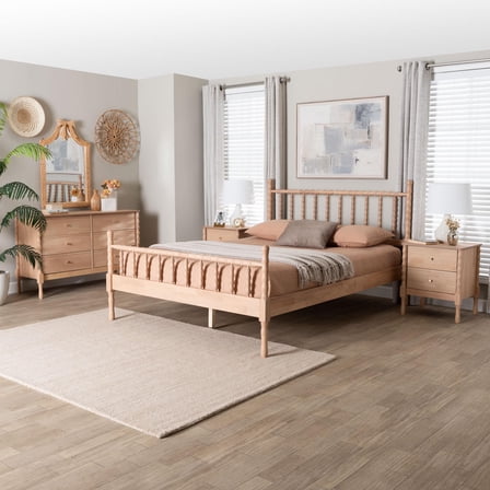 Baxton Studio Laurent Mid-Century Bedroom Set, 4-Piece, Queen, Beech Brown