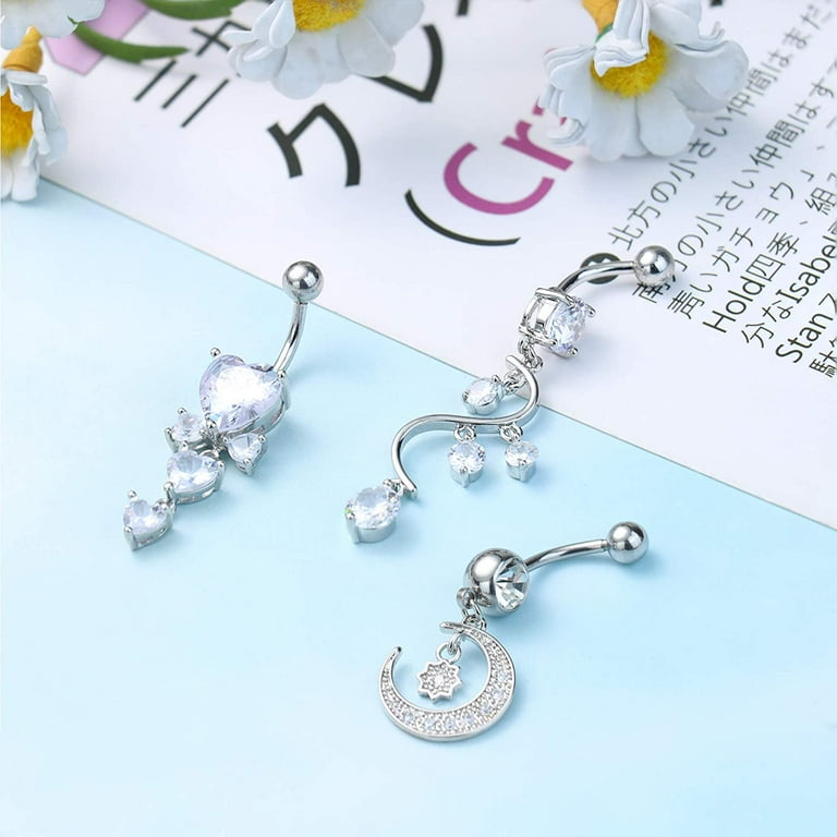 6Pcs 14G Belly Button Rings Dangle for Women Surgical Steel Navel