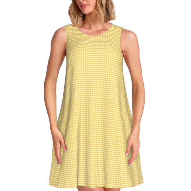 Balery Yellow Gingham Vestidos de verano para mujer con estampado: vestido holgado sin mangas, vestido playero informal y cómodo para días calurosos.