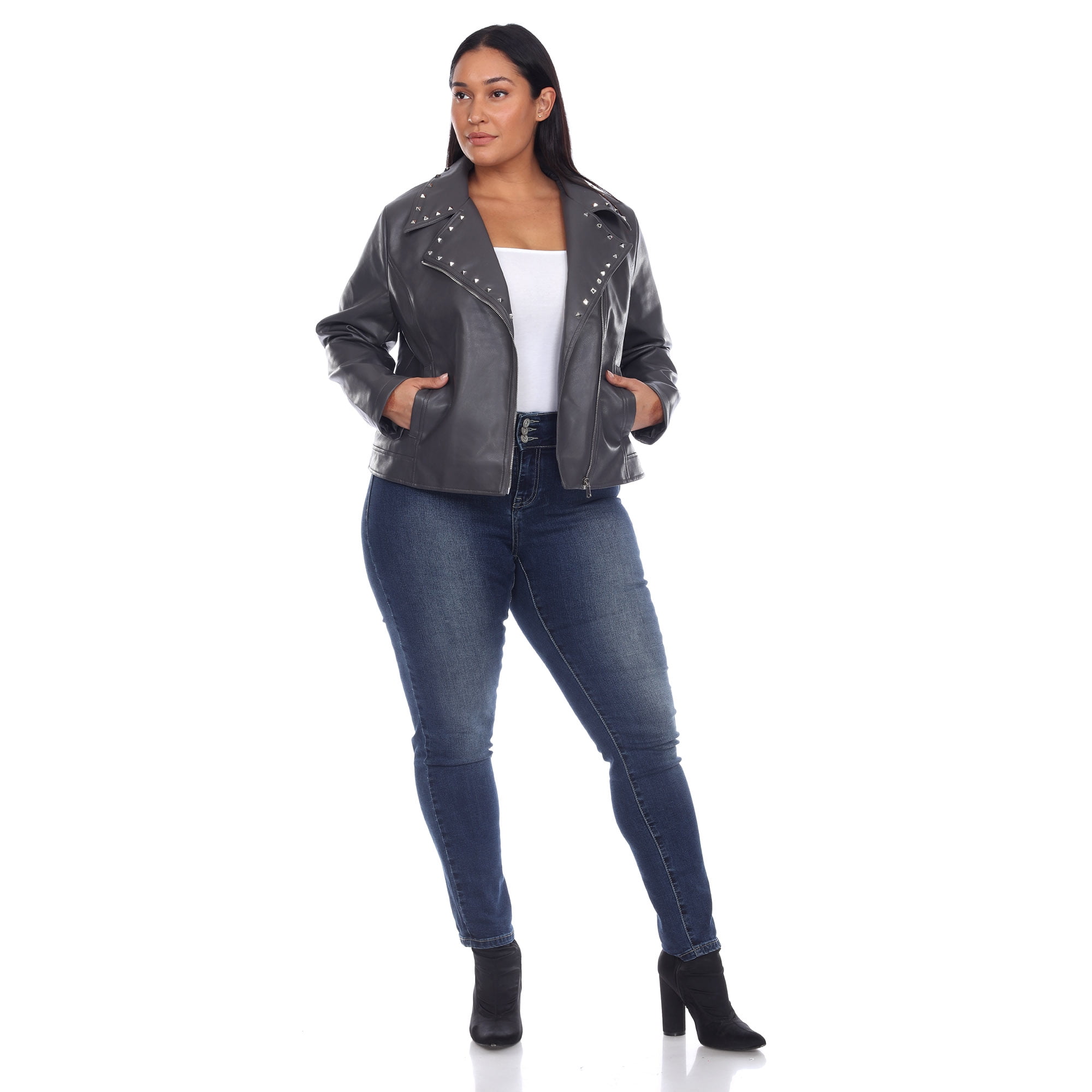 White Mark Women's Plus Size PU Faux Leather Studded Jacket