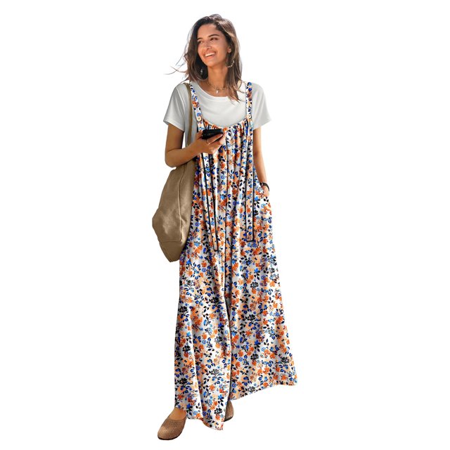 Mono YESNO casual de pierna ancha con estampado floral bohemio para mujer, talla L