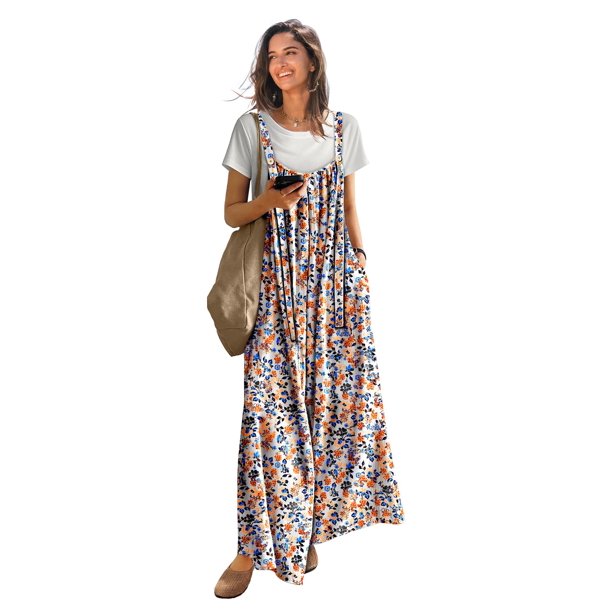Mono YESNO casual de pierna ancha con estampado floral bohemio para mujer, talla L