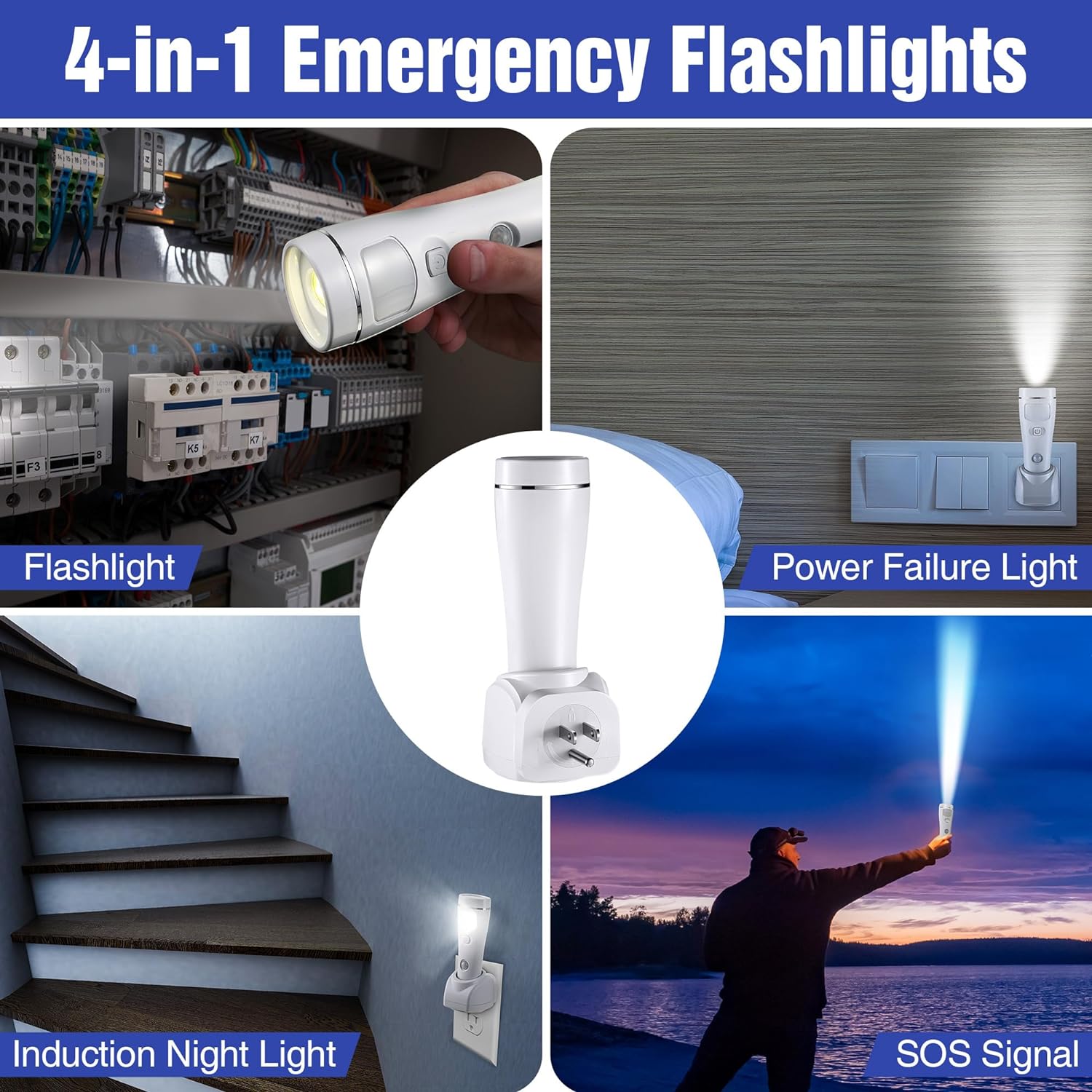 4 in 1 LED Rechargeable Plug in Flashlights, 3 Pack LED Emergency Lights for Home Power Failure, Plug in Power Outage Light, Power Failure Light with Motion Detection (White)