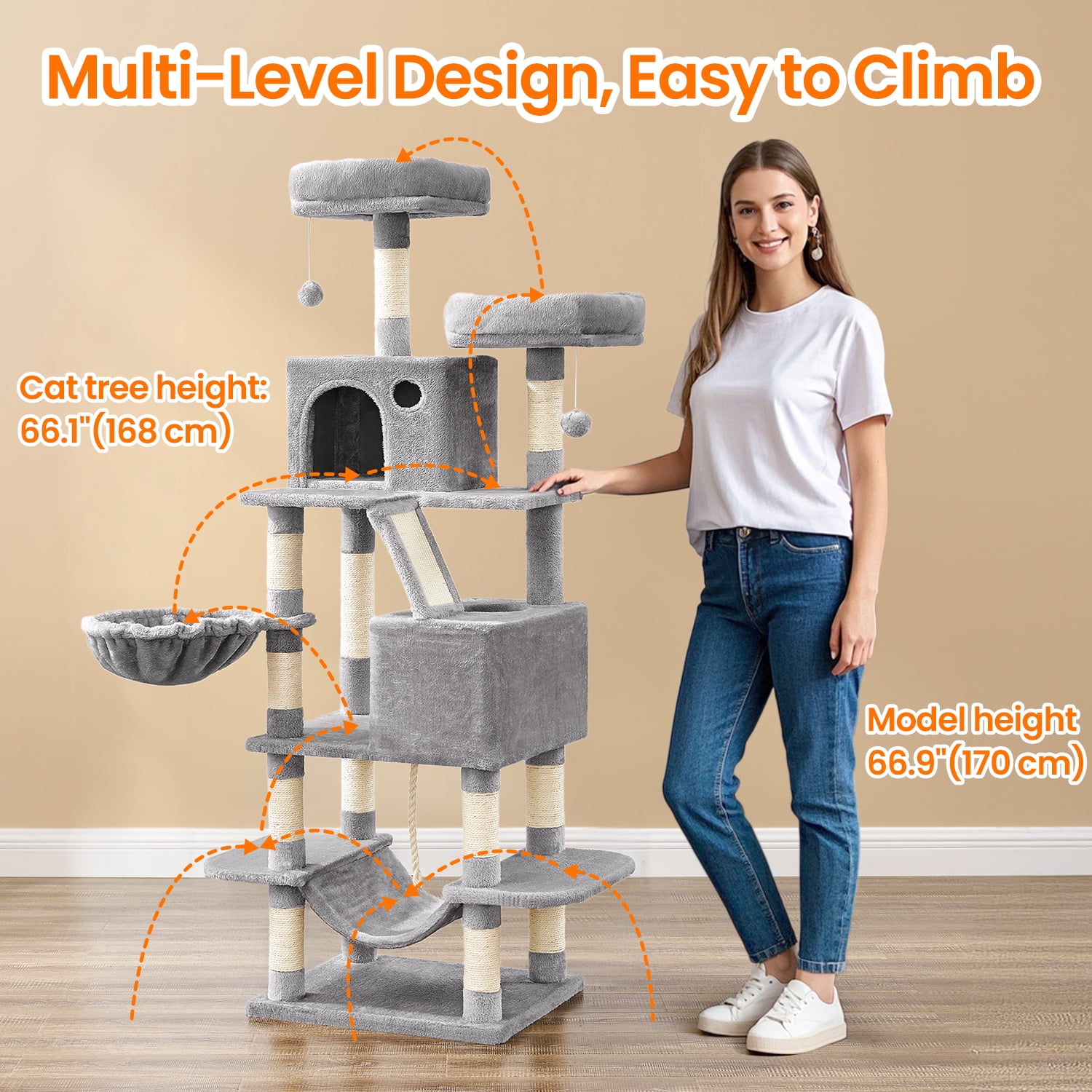 LEDREM 66.1-Inch Multi-Level Cat Tree with 2 Perches, 2 Caves, Hammock & 13 Scratching Posts – Plush Climbing Tower for Indoor Cats, Light Gray