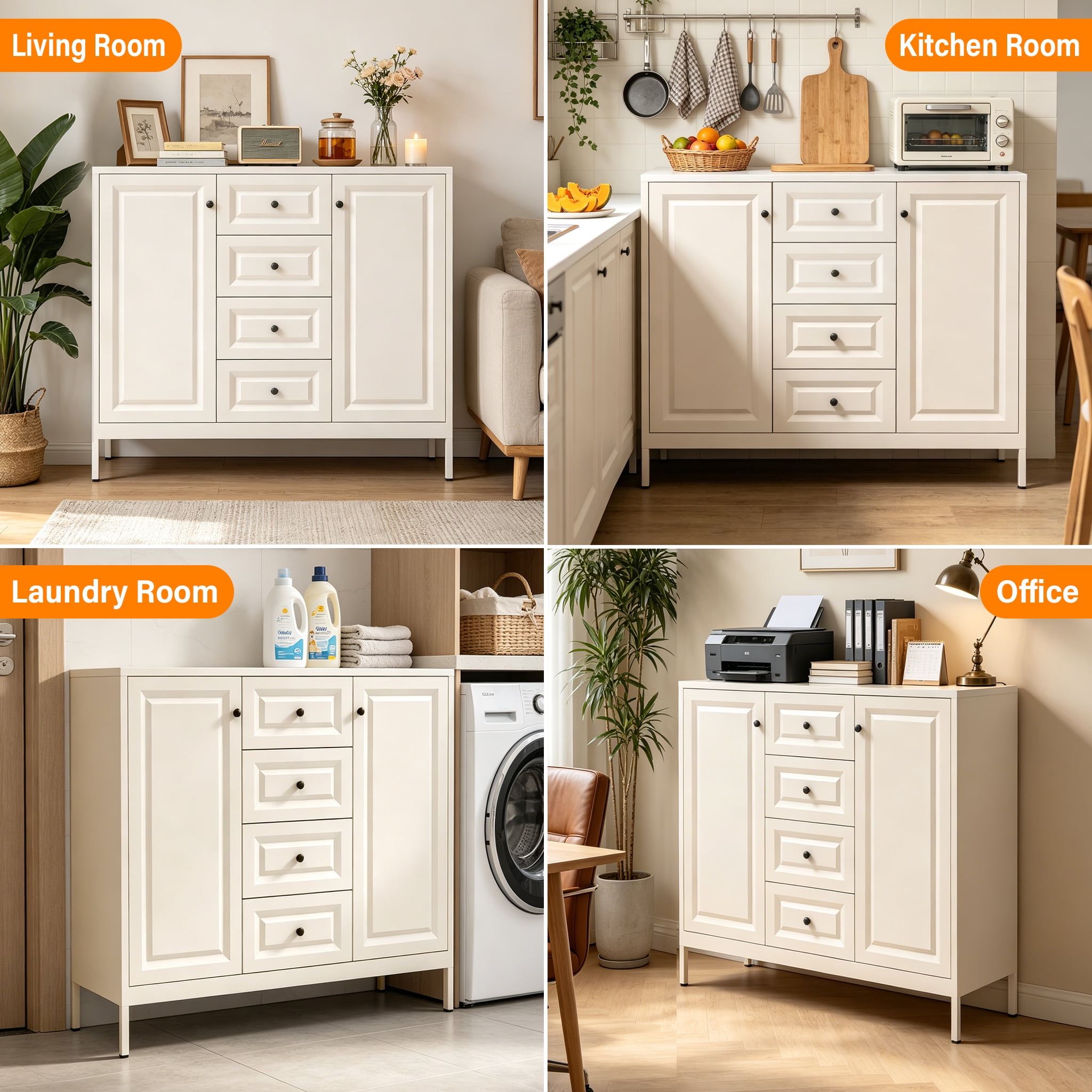 Miniyam 40" Freestanding Accent Cabinet with 4 Drawers & 2 Doors, Sideboard Buffet Cabinet, Adjustable Shelves Console Cabinet for Kitchen, Entryway, Hallway, Laundry Room