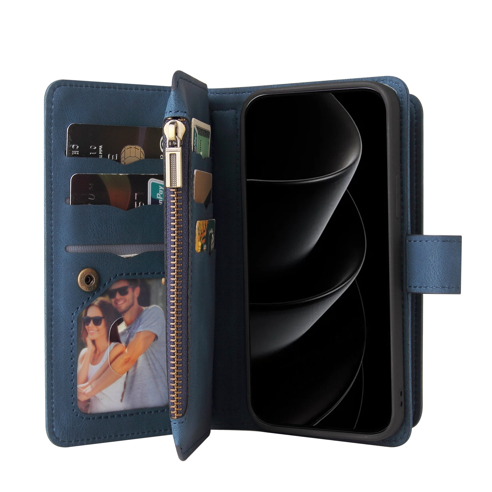 Phone Case for iPhone 17 Pro Max, Wallet Case Luxury Folio Flip Leather Cover [Zipper Pocket] [Wrist Strap] [Kickstand] for iPhone 17 Pro Max, Blue