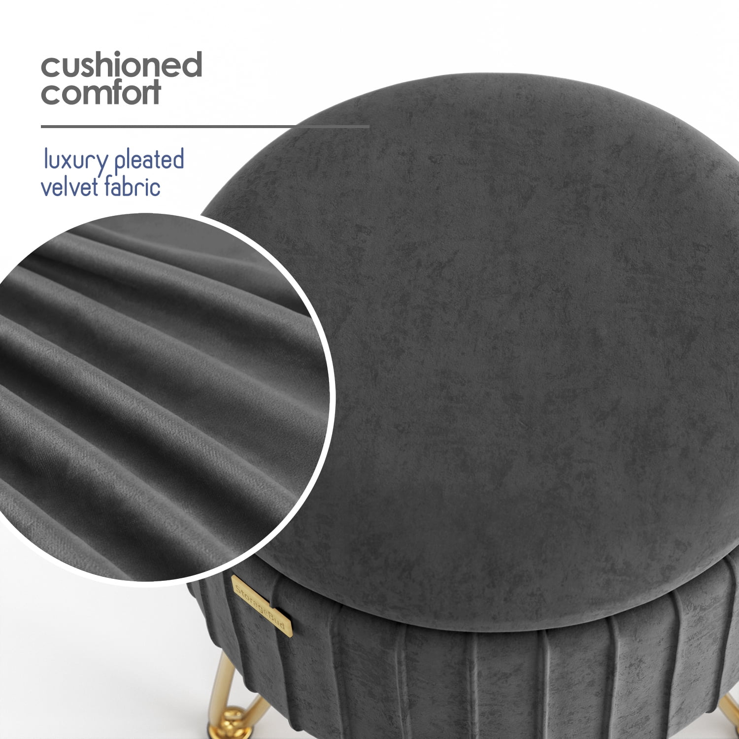 LammaLoe Small Round Ottoman with Storage, Pleated Velvet Ottoman Foot Stool with Lid, Upholstered Vanity Stool for Living Room & Bedroom, Gray