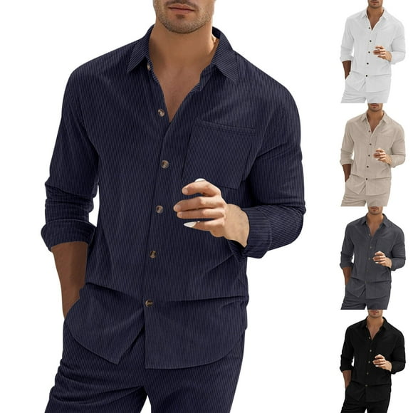 JURANMO Men's Corduroy Shirts Long Sleeve Button Down Shirt Jacket Solid Casual Textured Work Tops Outdoor Lightweight Blouses with Pocket Big Sale Days White XXL
