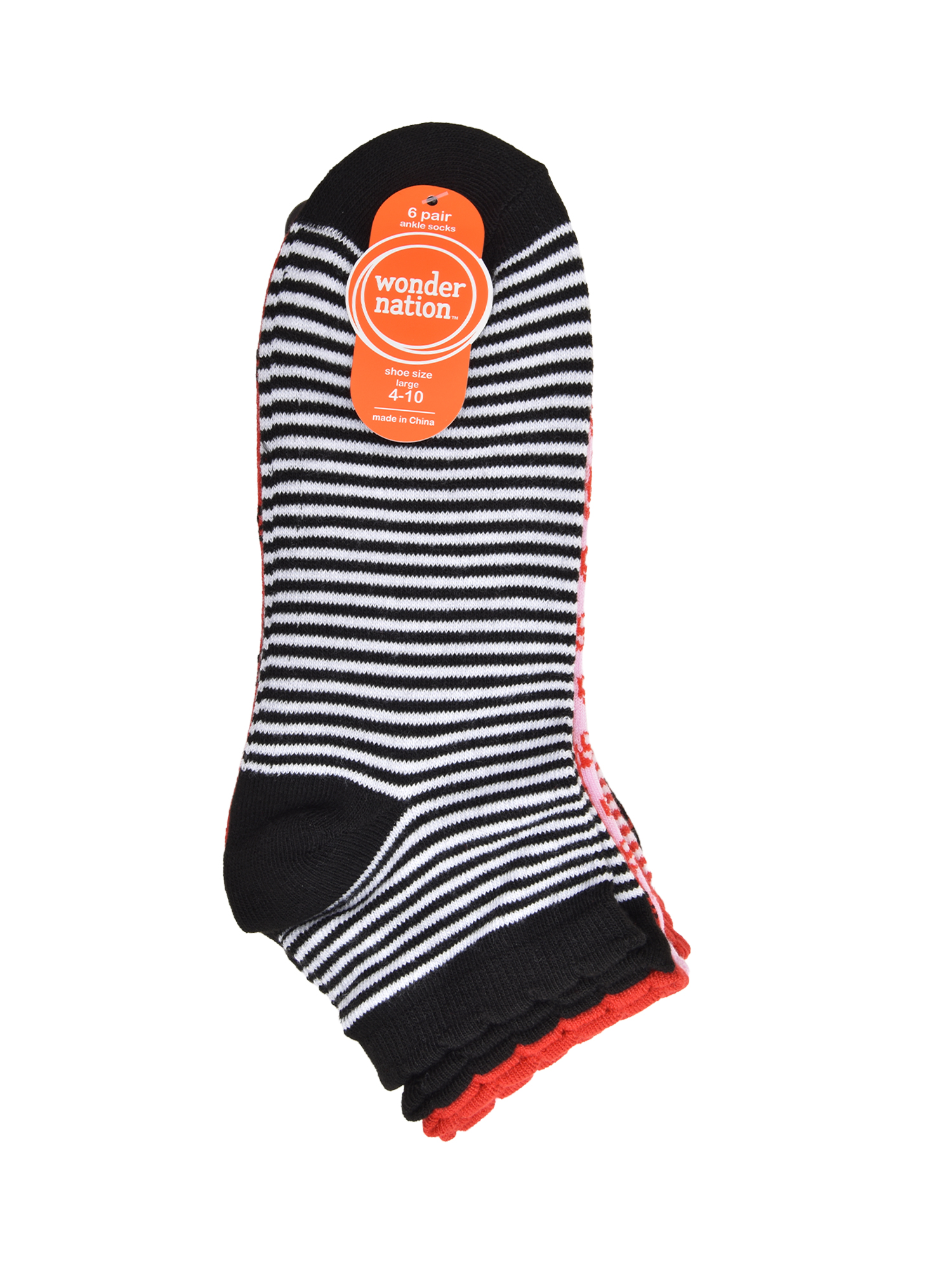 Wonder Nation Girls Stripe and Bow Quarter Crews Socks, 6-pack, Size Large (Shoe Size 3-9)