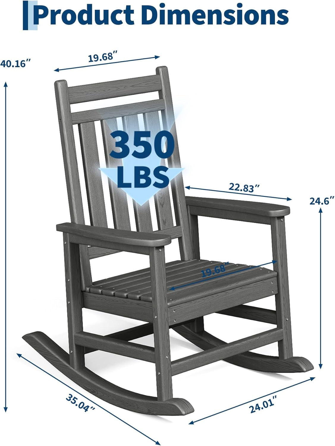 IdealHouse HDPE Weather-Resistant Rocking Adirondack Chair - 380LBS Heavy Duty, No Complex Assembly, Wood-Grain - Patio/Lawn/Outdoor (White, 2pcs)