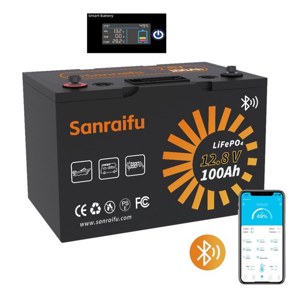 Sanraifu 12V 100AH LiFePO4 Battery, Bluetooth, LCD Display, RV, Boat, Camper, Off-Grid System