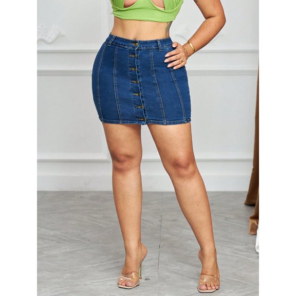 Women's High Waisted Button Front Denim Mini Skirt Stretchy Curve Hugging Retro Style