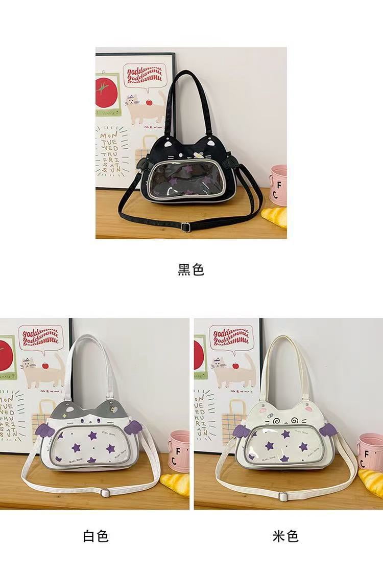 Baguery Kawaii Ita Bag Backpack - Nylon, Cute Cat Insert, Clear Front Pocket, Shoulder/Crossbody, for Otaku Goods/Anime Comic Con