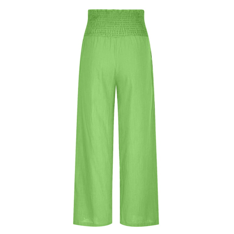 CZHJS Women's Solid Color Cotton Linen Pants Clearance Light Weight Fit  Long Palazzo Pants Casual Loose Flowy Elastic High Waist Wide Leg Stretch  Lounge with Pockets Comfy Summer Trousers Green S 